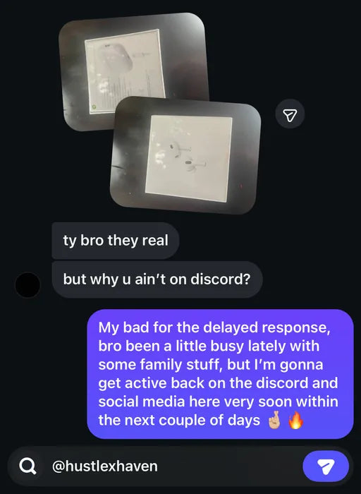 Customer vouch from Instagram or Discord